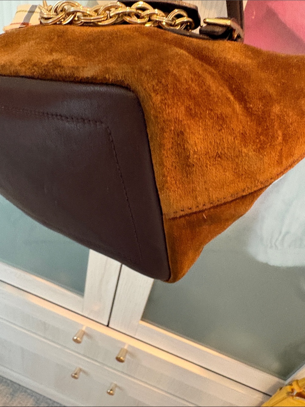 Coach Brown Suede Satchel with Gold Chain and Polka Dot Scarf - Picture 4 of 9